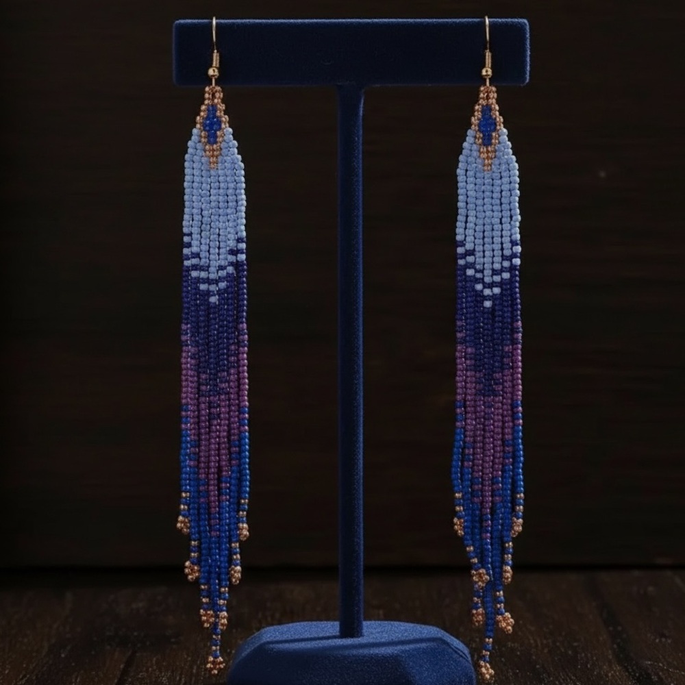 Blue and Purple Gradient Beaded Tassel Dangle Earrings. New.